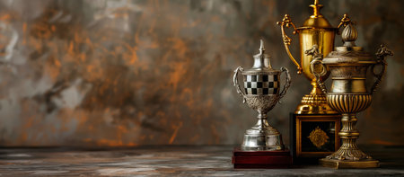 An assortment of glaming trophies of different sizes and designs displayed on a table with a textured background.の素材