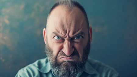 Close-up of a bearded man with a humorous frown, his furrowed brows and wrinkled forehead expressing exaggerated displeasure.の素材