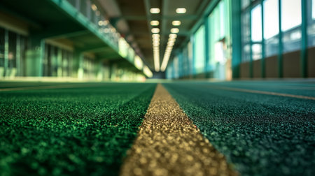 A vanishing point perspective of an empty indoor running track with vibrant green and yellow lines leading towards the horizon.の素材