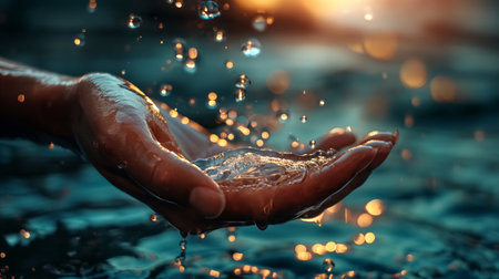 Water droplets sparkle as they're caught in a hand, with a backdrop of warm golden light, conveying the essence of life and purity.の素材