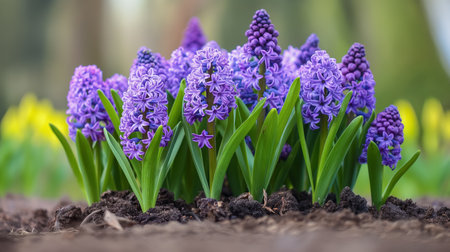 A cluster of vibrant purple hyacinth flowers in full bloom, with lush green leaves and rich soil showing spring's arrival.の素材