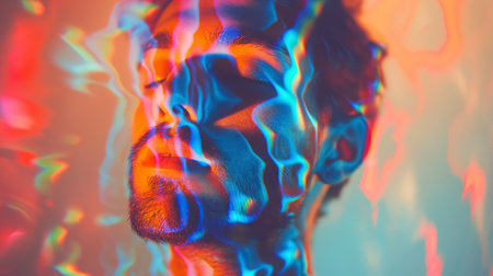 Portrait of a man's face bathed in colorful, abstract light patterns that create a surreal and artistic representation of emotion and identity.の素材