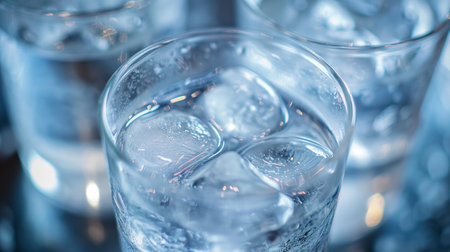 A close-up image of refreshing glasses of chilled water with ice cubes, condensation beads forming on the exterior.の素材