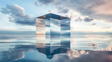 A reflective crystal prism perfectly centered on a calm water surface, mirroring the clouds and sky in a surreal landscape.の素材