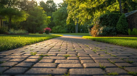 A serene cobblestone pathway means through a vibrant garden, bathed in the soft light of sunset.の素材