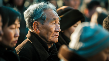A thoughtful elderly man's face stands out in a crowd, his furrowed brow and pensive gaze conveying a lifetime of experiences.の素材