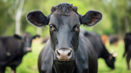 A close-up of a curious black cow with expressive eyes and attentive ears, peering directly into the camera against a pastoral backdrop.の素材