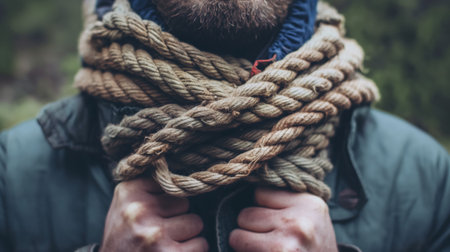 A close-up view of a man's neck entwined with a thick, textured rope, obscuring his face and conveying a sense of constraint.の素材