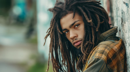 A pensive young man with a full head of dreadlocks and a flannel shirt leans against a textured wall, lost in thought.の素材