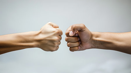 Two hands perform a fist bump against a neutral background, symbolizing friendship and agreement.の素材