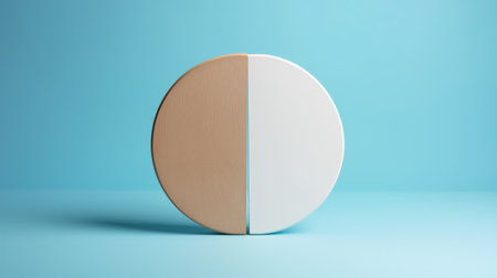 A conceptual image of a sphere split into a white and a natural wood texture, placed on a blue surface with a soft shadow.の素材