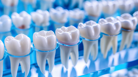 A close-up view of a set of model dental teeth aligned in rows, showing various dental treatments, against a contrasting blue background.の素材