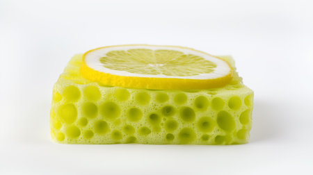 A fresh lemon slice rests atop a bright yellow sponge, presenting a whimsical take on cleaning or cooking concepts.の素材