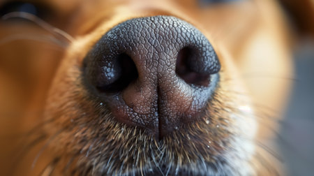An extreme close-up of a dog's nose, showing the intricate texture and sensory detail, highlighting the animal's keen sense of smell.の素材