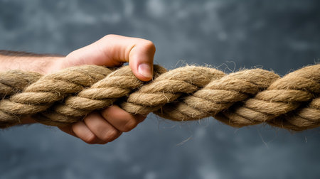 A close-up view of a human hand firmly grasping a thick, twisted jute rope, symbolizing strength and effort against a blurred gray background.の素材