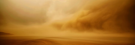 An expansive view of a vast desert as a powerful sandstorm sweeps across the dunes, obscuring the horizon in a haze of golden sand.の素材