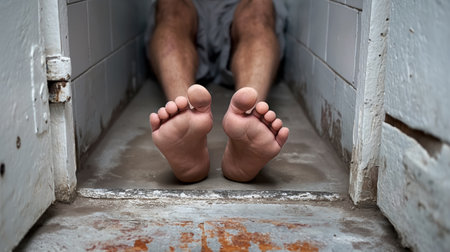 A person's bare feet with visible toes in a tight, enclosed space, suggesting confinement or a lack of freedom.の素材