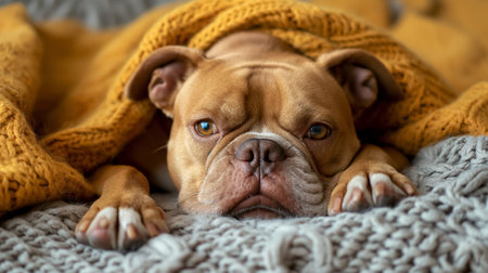 A relaxed bulldog lies down, eyes drooping sleepily, covered by a snug, knitted yellow blanket.の素材