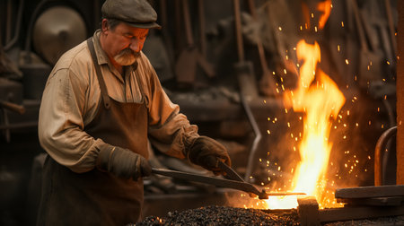 A focused blacksmith forges metal on an anvil with sparks flying, capturing the heat and intensity of the craft.の素材