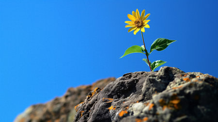 A single yellow flower growing resiliently on a rough rock against a clear blue sky.の素材