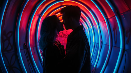 A romantic silhouette of a couple embracing, illuminated by vibrant neon lights in a circular tunnel with graffiti.の素材