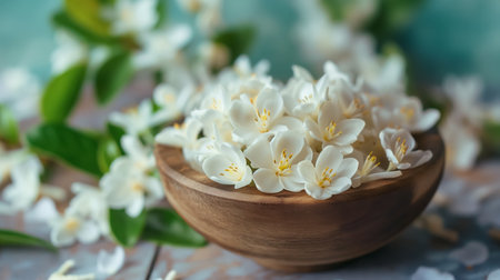 A delicate wooden bowl filled with fragrant white jasmine flowers, signifying purity and elegance.の素材