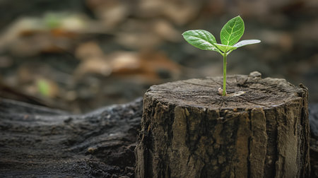 A single small green seedling emerges from the center of an old tree stump, symbolizing new life and hope.の素材