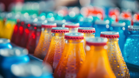 A colorful array of glass bottles, their surfaces beaded with condensation, lined up creating a vivid, textured rainbow effect.の素材
