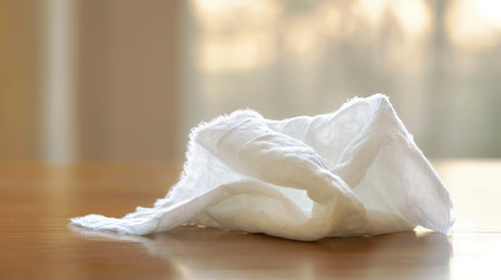 A single crumpled white tissue lies abandoned on a polished wooden table, illuminated by natural light.の素材