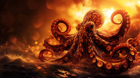 Majestic silhouette of an octopus rising from the ocean against a fiery sunset sky, evoking mystery and the marine world's wonder.の素材