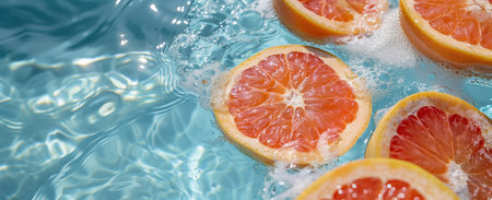 Sliced grapefruits bobbing gently in sparkling blue water, creating a refreshing and invigorating visual.の素材