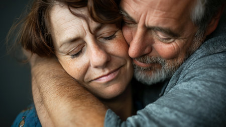 An intimate close-up of an embracing couple, sharing a tender moment of love and comfort.の素材