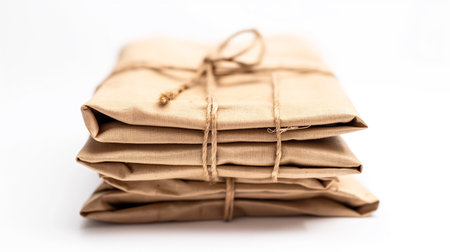 Neatly stacked, eco-friendly canvas packages secured with string, presented against a clean, white background.の素材