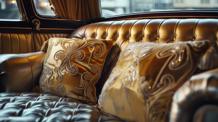 Luxurious golden pillows with intricate designs on a classic leather tufted car sofa, signifying opulence.の素材