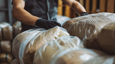A worker in a warehouse is methodically packing large bales of goods, focusing on the task at hand.の素材