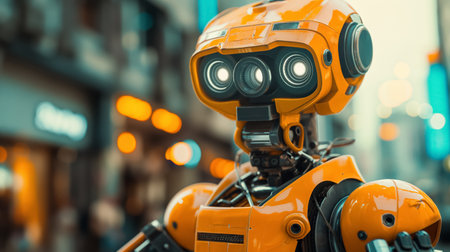 A futuristic orange robot with multiple eyes stands poised amidst the glowing lights of a bustling cityscape.の素材