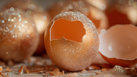 A close-up of a broken eggshell, its edges glistening with sparkling crystals, against a soft-focus background.の素材