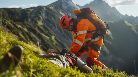 A mountain rescuer tends to a fallen hiker on a steep grassy slope, amidst the remote wilderness.の素材