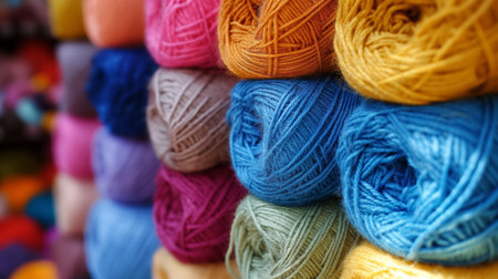A vibrant array of colorful yarn rolls neatly stacked, creating a textured and colorful backdrop.の素材