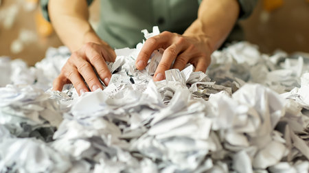 Hands of a person meticulously sorting through a large pile of crumpled paper, possibly searching for something.の素材