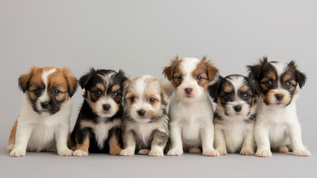 Six fluffy puppies of different colors sitting in a row on a light background, looking curiously at the camera.の素材