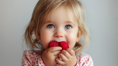 A blue-eyed child wearing a pink polka dot top, happily holding and eating fresh red raspberries.の素材