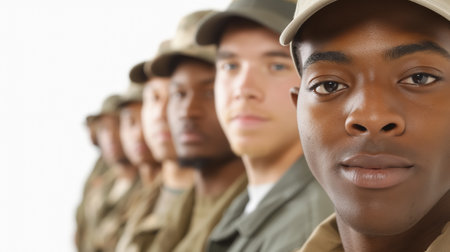 Focused on the face of one, a lineup of soldiers in uniform stand at attention, representing duty and service.の素材