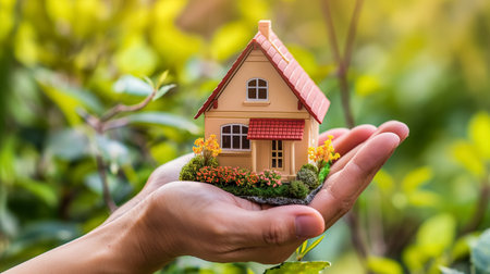 A small model house rests in the palm of a hand, symbolizing home ownership or the concept of real estate.の素材