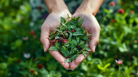 Two open hands carefully hold a mix of green leaves and red berries, with a lush garden backdrop creating a sense of growth and natureの素材