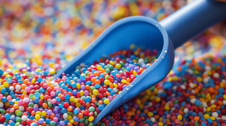 A blue scoop brimming with a multitude of vibrant, colorful confectionery sprinkles, offering a feast for the eyes.の素材