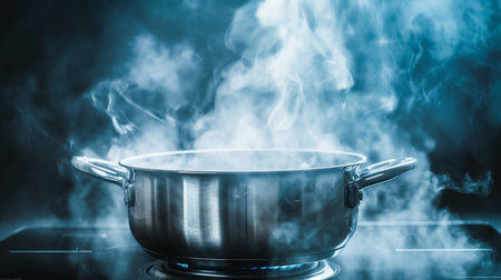 Steam rises from a stainless steel pot on a sleek, modern induction stove, signifying cooking in progress.の素材