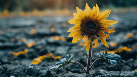 A solitary sunflower stands resilient on cracked, dry earth, symbolizing hope and survival.の素材