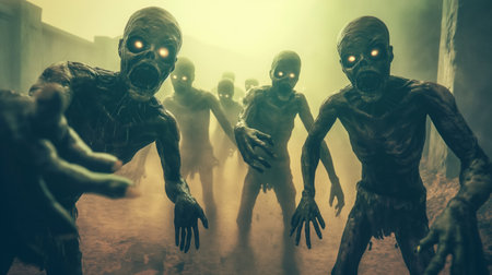 Humanoid figures with glowing eyes emerging from a foggy background, creating a spooky atmosphere.の素材