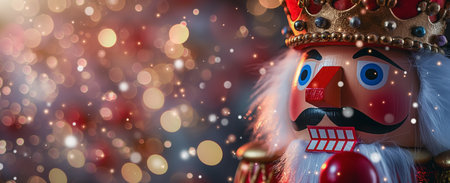 A traditional nutcracker figurine depicted as a king, set against a twinkling bokeh light background.の素材
